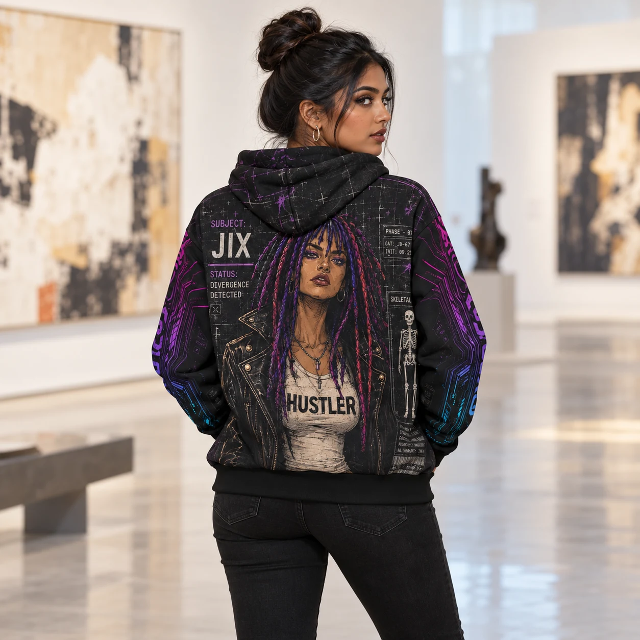 Jix back artwork in a contemporary art gallery; Jixara Protocol hoodie model visualization.