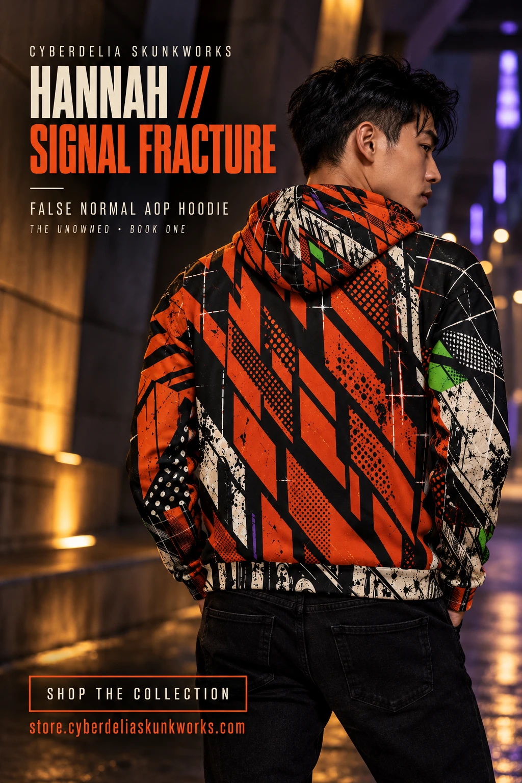 Hannah // Signal Fracture hoodie campaign: rear view showing the orange fractured geometric back, patterned hood and sleeves in a city passage at night.
