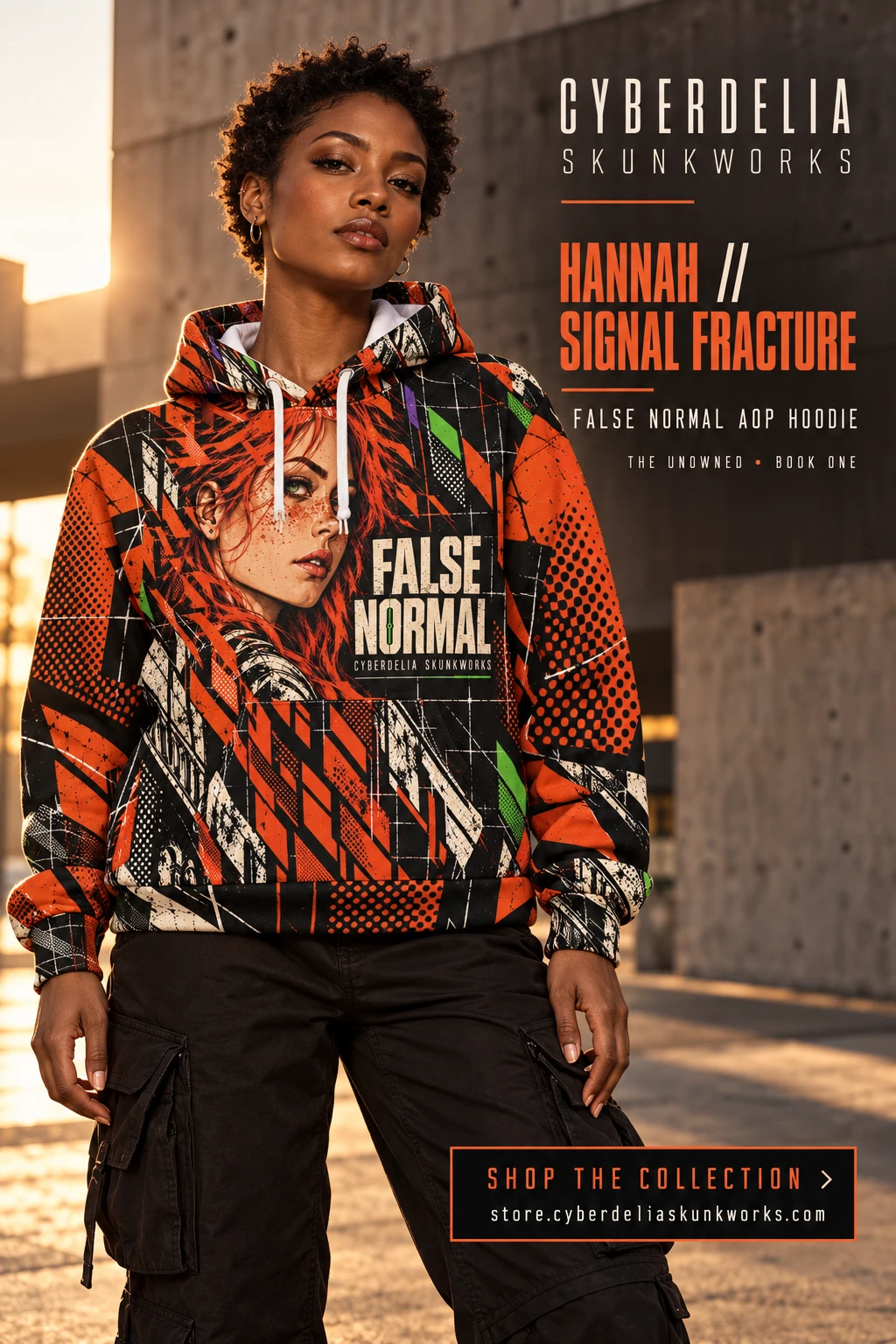 Hannah // Signal Fracture hoodie campaign: a Black woman models the orange, black and cream portrait front in a golden-hour concrete courtyard, with Cyberdelia Skunkworks branding and the store address.