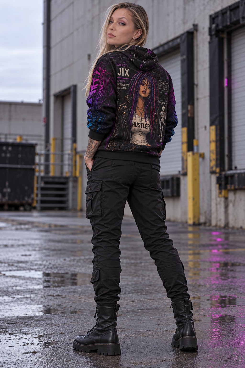 Full-body editorial apparel shot showing the Subject Jix back artwork and violet circuit sleeves of the Jixara Protocol hoodie.