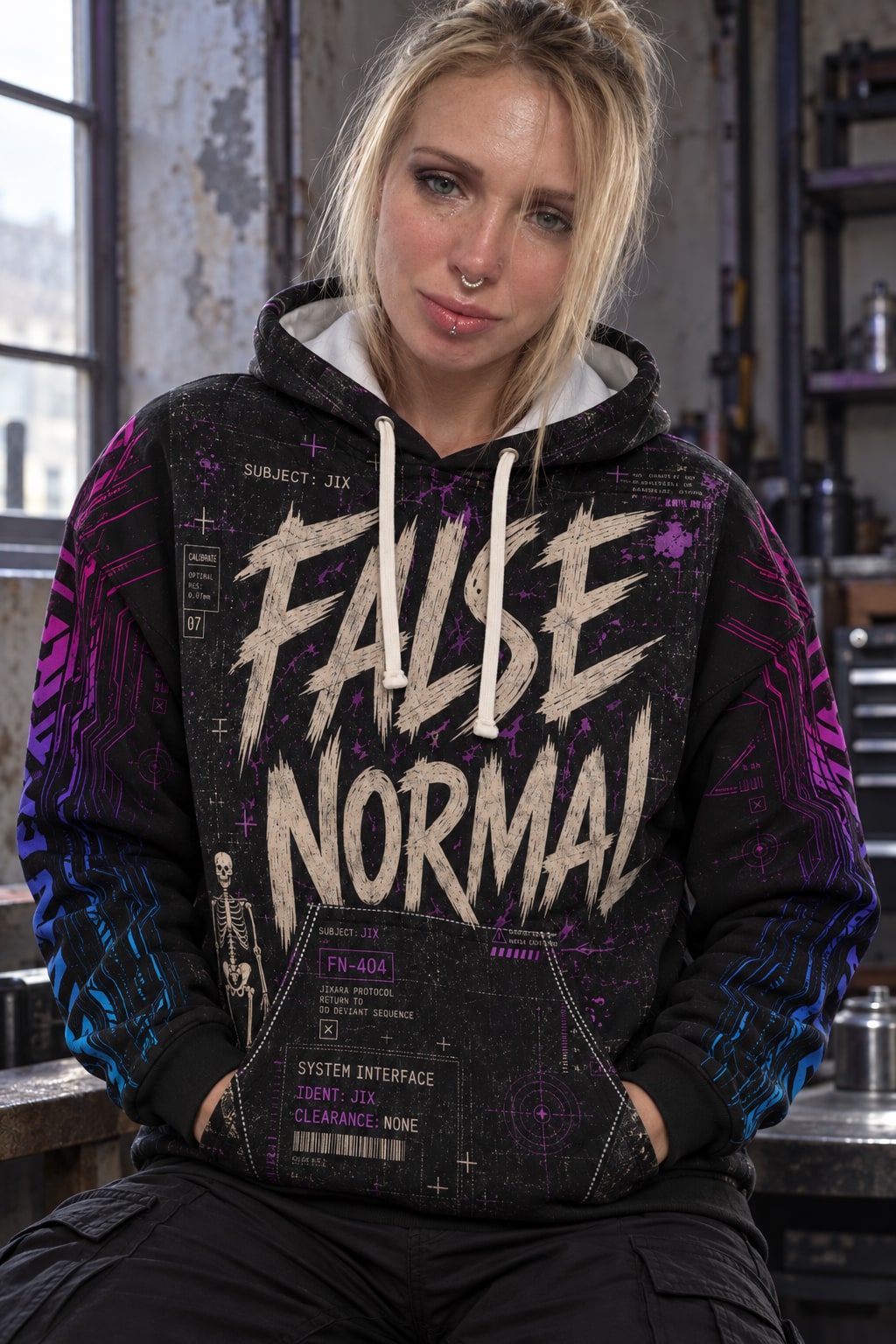 Waist-up editorial model wearing the False Normal lettered front and violet circuit sleeves of the Jixara Protocol hoodie.