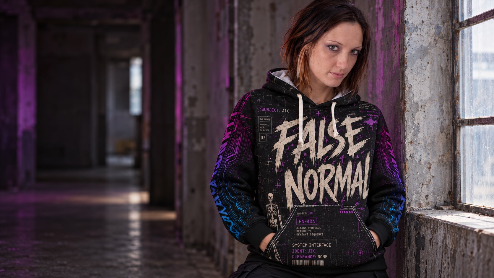 Editorial apparel model wearing the live Jixara Protocol sleeve pattern number two hoodie in a dark concrete studio.
