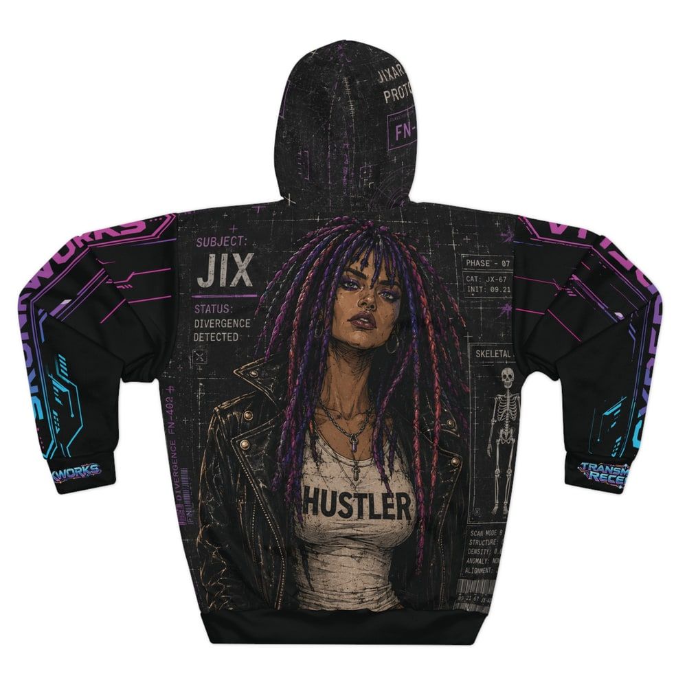 Exact live original Jixara Protocol hoodie back artwork.