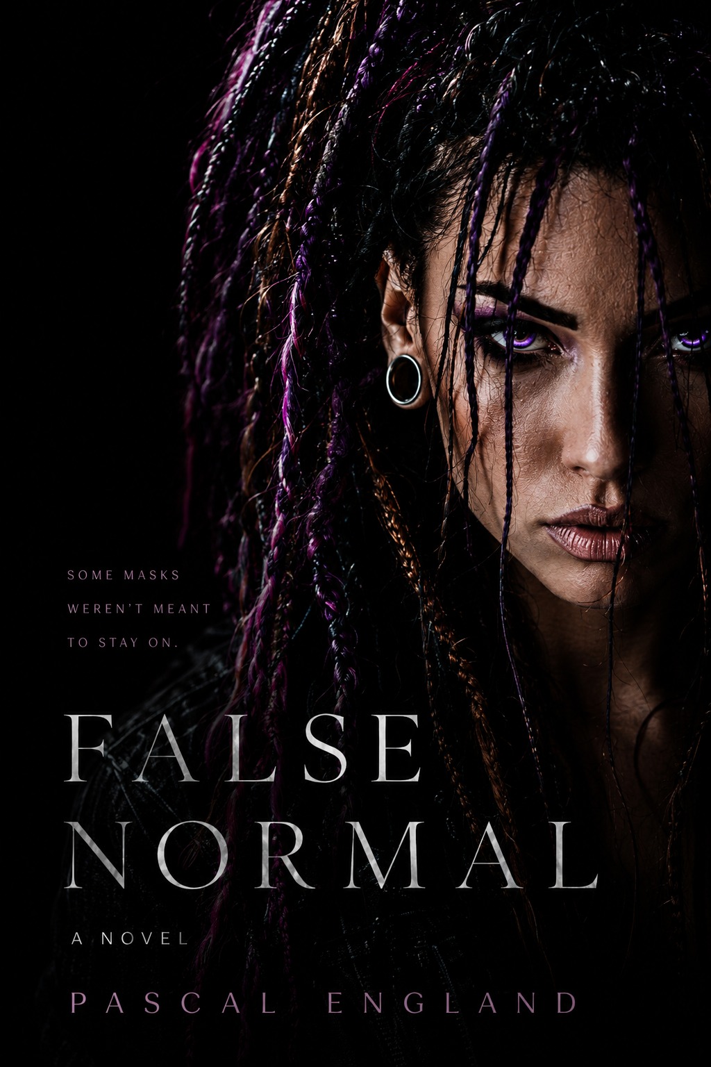Official False Normal cover by Pascal England, featuring a dark portrait with violet eyes and braided hair.