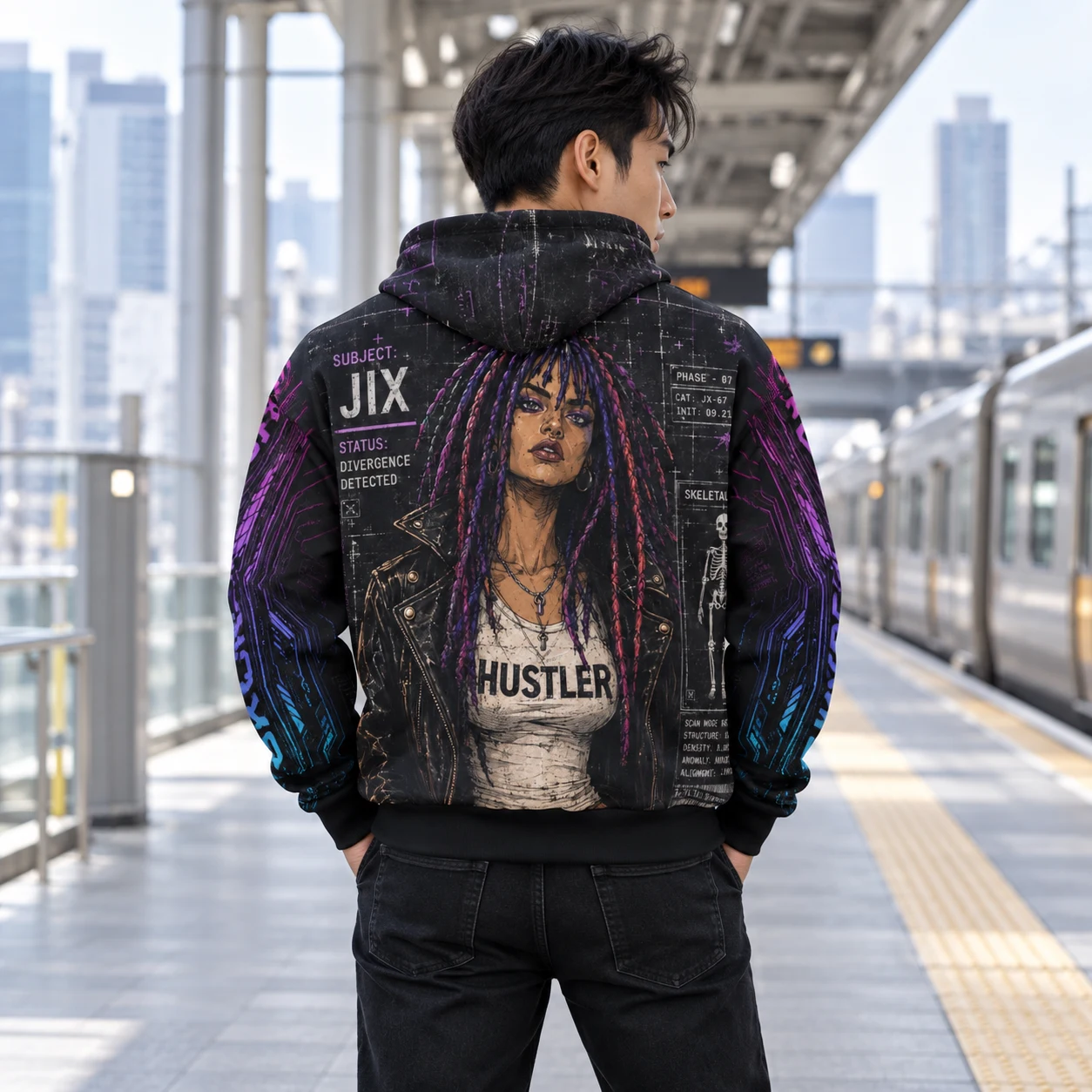 Jix back artwork at an urban railway platform; Jixara Protocol hoodie model visualization.