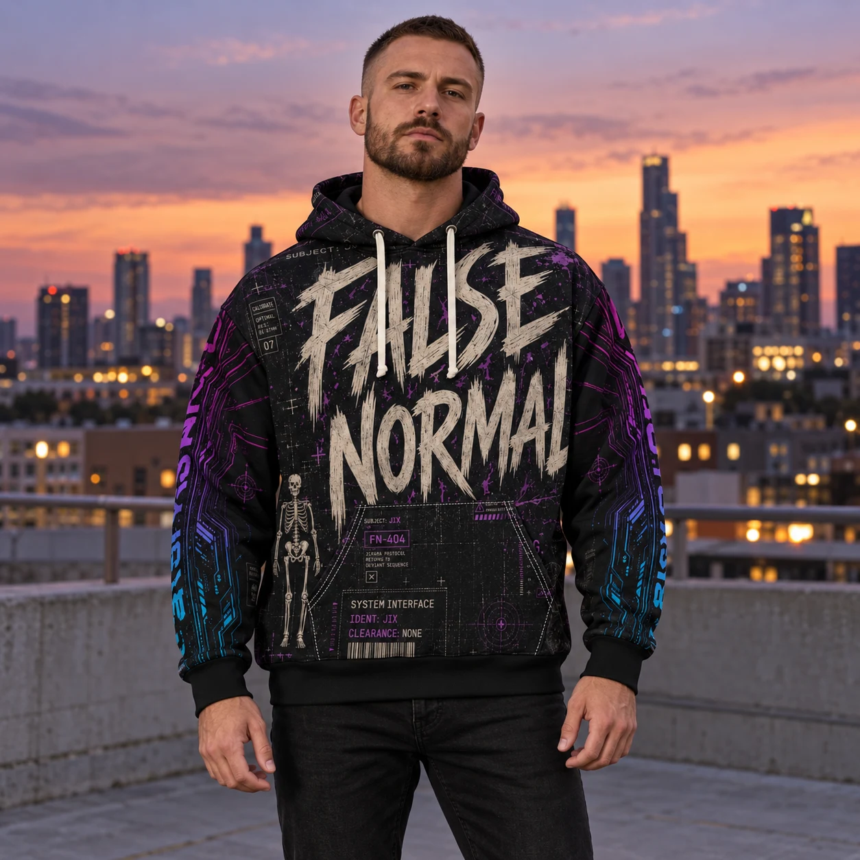 Front view on a city rooftop at dusk; Jixara Protocol hoodie model visualization.