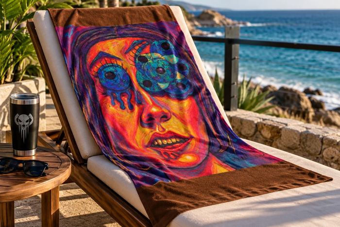 All Eyes on Her Beach towel — current Cyberdelia store image