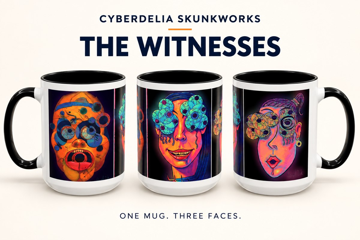 Cyberdelia Skunkworks The Witnesses — one black-interior mug shown from three angles, displaying all three faces