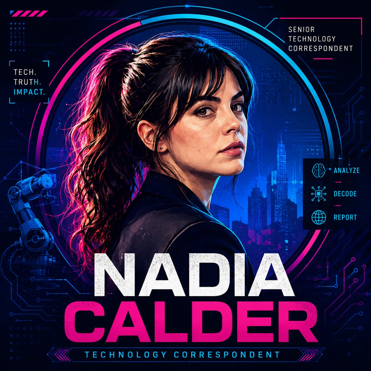 Stylized Nadia Calder technology correspondent art