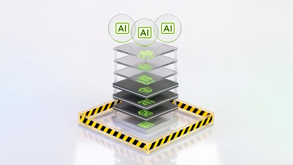 NVIDIA illustration of AI agents above a layered OpenShell runtime stack inside a safety barrier