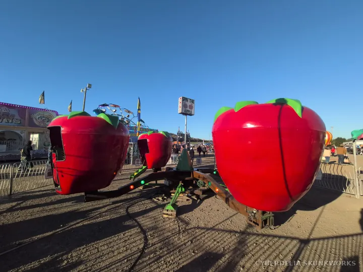 Red strawberry-shaped ride cars wait in the afternoon sun.