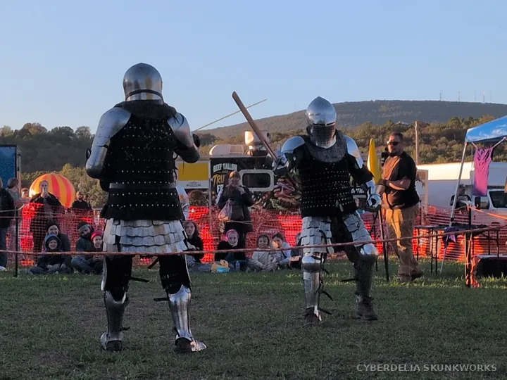 Two fighters meet with weapons and shields raised.