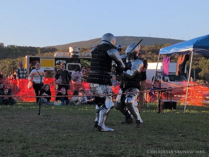 An armored exchange in front of the spectators.